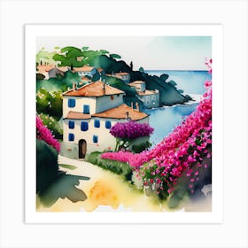 Watercolor Of A House By The Sea Art Print