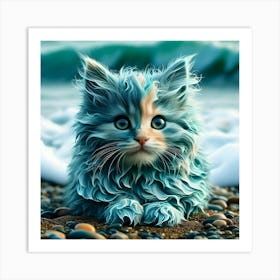 Blue Cat On The Beach Art Print