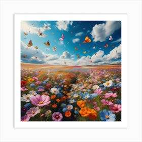 Field Of Flowers With Butterflies Art Print