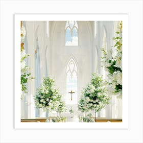 White Church With Flowers Art Print