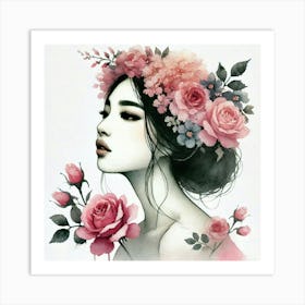 woman portrait with flowers head crown 3 Poster