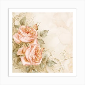 Pink Roses On A Beige Background Art Print