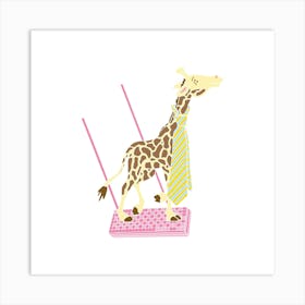 Giraffe Wearing A Tie Swinging On A Pink Wafer, Fun Circus Animal, Cake, Biscuit, Sweet Treat Print, Square Art Print