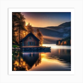 Lake House At Sunset 1 Art Print