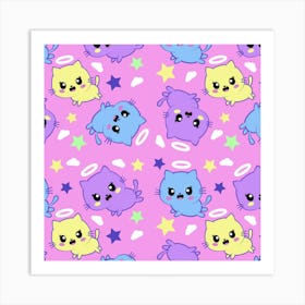 Seamless Pattern With Cute Kawaii Kittens Art Print