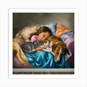 Little Girl Sleeping With Cat And Dog Art Print