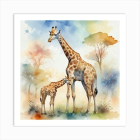 Giraffe In The Wild With Other Animals Watercolor Sty 2 Art Print