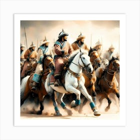 Mongolian Warriors Horse Riding Color Drawing Art Print