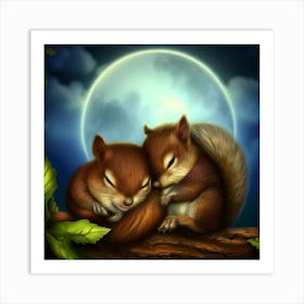 Cute Squirrels At Night Art Print