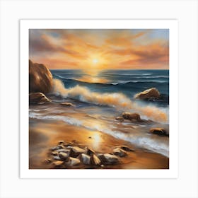 The sea. Beach waves. Beach sand and rocks. Sunset over the sea. Oil on canvas artwork.22 Art Print