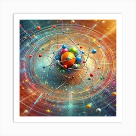 A 3D illustration of a colorful atom, with electrons orbiting a central nucleus. Art Print