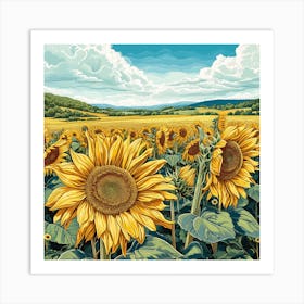 1 Sunflower Field Botanical Art Illustration Art Print