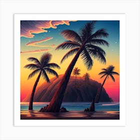 Sunset With Palm Trees Art Print