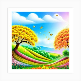 Colorful Trees And Flowers Art Print