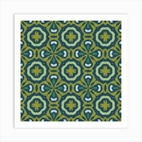 Retro Tile Cross Pattern In Olive And Teal Art Print