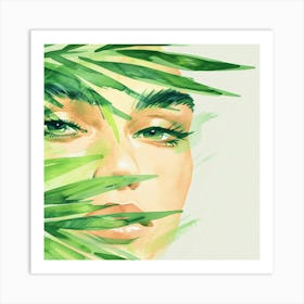 Watercolor Of A Woman With Green Leaves Art Print