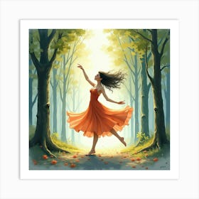 Fluid Movement Of Dancer In A Watercolor Forest 1 Art Print