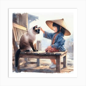 Asian Girl With Cat Art Print