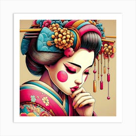 Shy Geisha Portrait Color Illustration Art Print