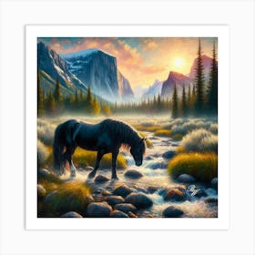 Black Stallion By Stream At Sunrise 4 Art Print