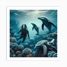 Swimming With Dolphins And A Turtle Art Print