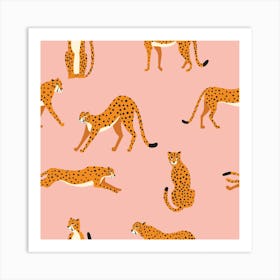 Tropical Cheetah Pattern On Pink Square Art Print