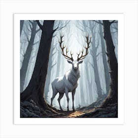 A White Stag In A Fog Forest In Minimalist Style Square Composition 56 Art Print