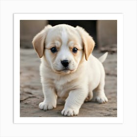 A small, fluffy puppy with light brown fur and darker eyes stands on a sandy surface, looking directly at the camera with a curious expression. Art Print