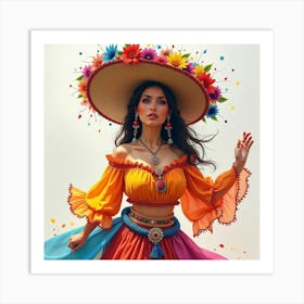 Spanish Woman In A Vibrant Carnival, Watercolor With Energetic Colors 1 Art Print