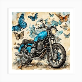 Blue Motorcycle With Butterflies Art Print