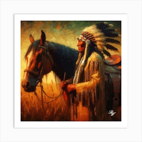 Elderly Native American Warrior With Horse Art Print