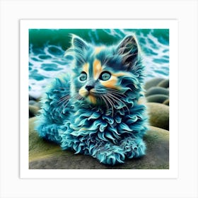 Blue Cat on the Beach: Whimsical Coastal Art for Charming Home Decor Art Print