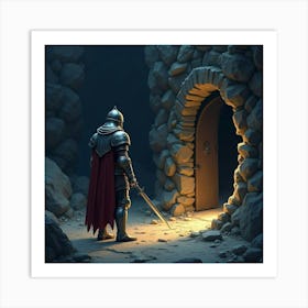 An Armored Knight Discovering A Hidden Door In A Rocky Cave 1 Art Print