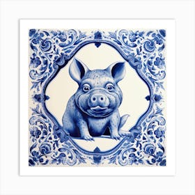 Lucky Pig Delft Tile Illustration 2 Art Print