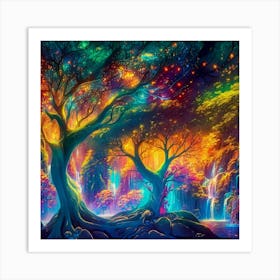 A captivating scene of trees that appear to be alive, with twinkling lights and vibrant 16 Art Print