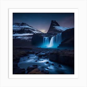 Waterfall At Night In Iceland Art Print