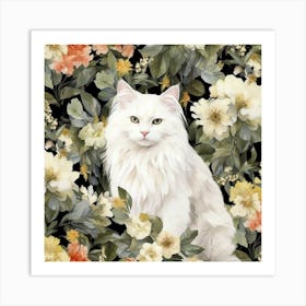 White Cat In Flowers Art Print