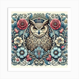 william morris Owl With blue /red Flowers Art Print