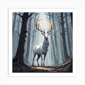 A White Stag In A Fog Forest In Minimalist Style Square Composition 43 Art Print