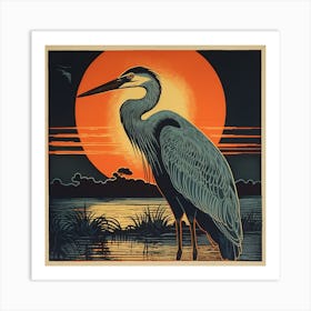 Retro Bird Lithograph Great Blue Heron 2 Art Print