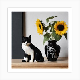 Cat And Sunflowers Art Print