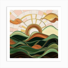 Straight and broken flowing lines and tree shapes, gold, sage, in the form of a tropical ocean. Art Print