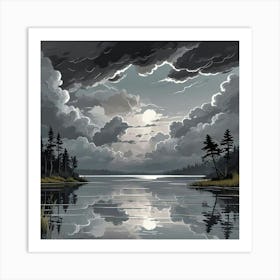 Lake Art Print With Forest At Night (2) Art Print