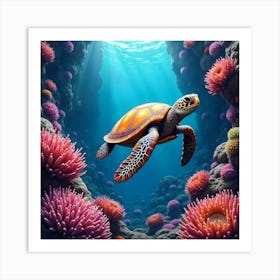 Sea Turtle In Coral Reef Art Print