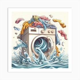 Washing Machine In The Ocean - A pile of laundry on a washing machine, but the clothes are not just floating in mid-air, they are dancing and swirling. The washing machine itself is also spinning upside down, and the water is flowing in all directions. The scene is rendered in a whimsical, cartoonish style. 1 Art Print