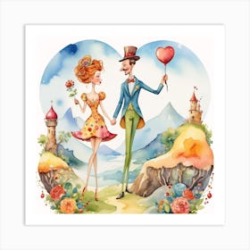 Watercolor Illustration Of A Couple Cartoon Love Funny Art Print