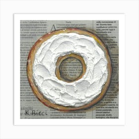 Bagel On Italian Newspaper Round Bread Slice with Cream Cheese Bakery Moody Kitchen Dining Room Decor from Original Painting Art Print