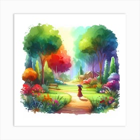 Watercolor Of A Girl In The Garden Art Print