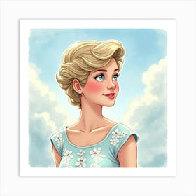 Princess Diana In A Whimsical Watercolor Setting With Floating Clouds 1 Art Print