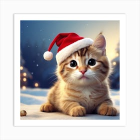 Christmas Kitten In Santa Hat Art Print